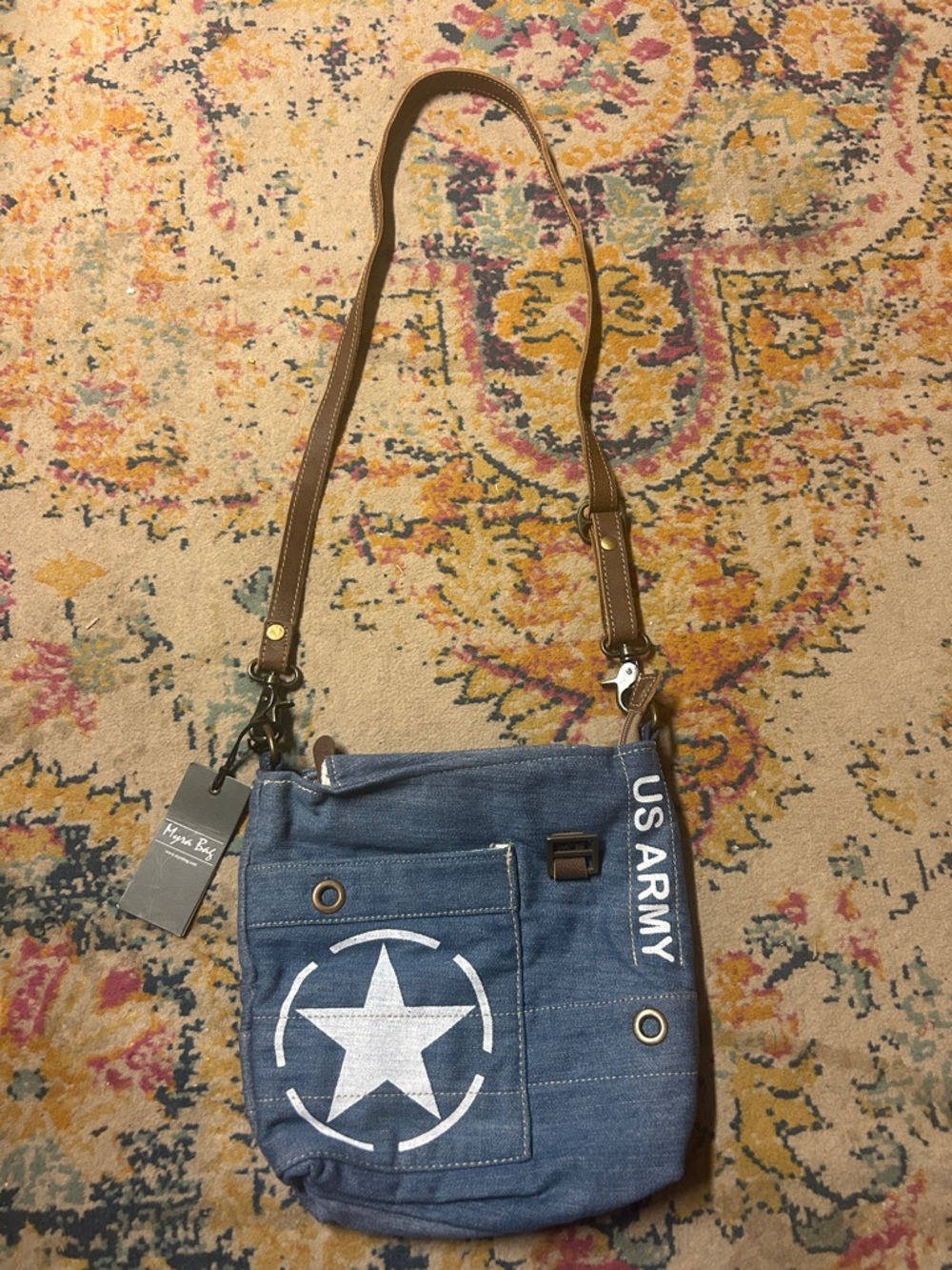 Myra Bag Blue Denim Crossbody with Brown Leather Strap US Army
